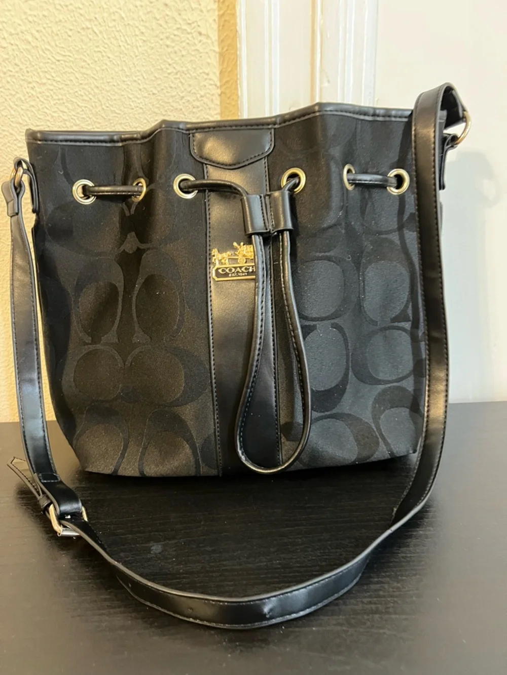 Coach Black Signature Drawstring Crossbody